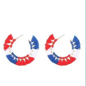2/$30 - Red White Blue Tassel Fringe Hoop Earrings Patriotic Statement